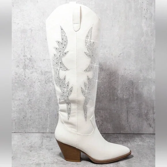 Western White Rhiestone Decor Fashion Boots - Picture 3 of 6